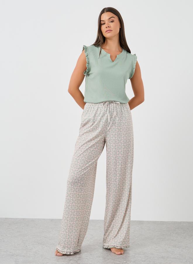 Styli Ribbed Notch Neck Ruffle Trim Tank and Printed Pyjama Set - Image 4