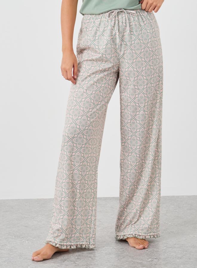 Styli Ribbed Notch Neck Ruffle Trim Tank and Printed Pyjama Set - Image 5