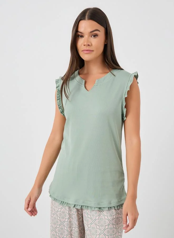 Styli Styli Ribbed Notch Neck Ruffle Trim Tank and Printed Pyjama Set