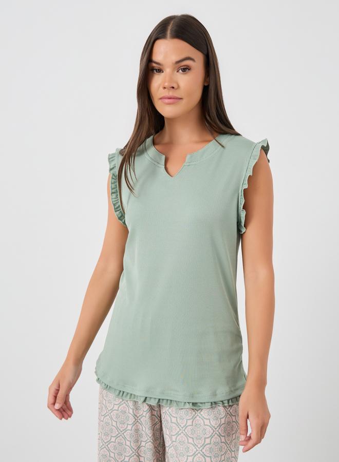 Styli Ribbed Notch Neck Ruffle Trim Tank and Printed Pyjama Set - Image 2