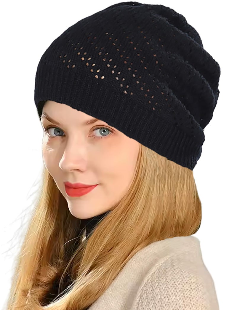 kilsel Thin Crochet Beanie Hat for Women Summer Winter Fall Mesh Slouchy Knit Hats Lightweight Crochet Caps Black - Image 1
