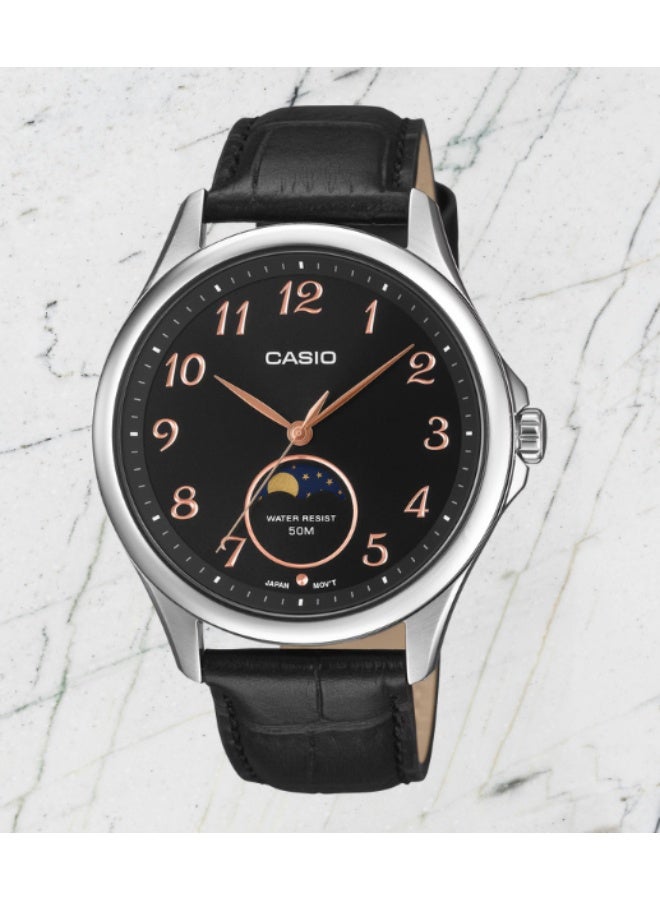 CASIO Analog Men's Watch MTP-M110L-1A, 48.4 mm Moon Phase Black Dial, Silver Stainless Steel Case & Black Leather Strap, 50m WR