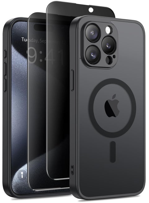 Magnetic for iPhone 15 Pro Case, Compatible with MagSafe,[Full Camera Protection][Privacy Screen Protector] Non-Slip Translucent Shockproof Phone Cover for iPhone 15 Pro 6.1" (Matte Black)