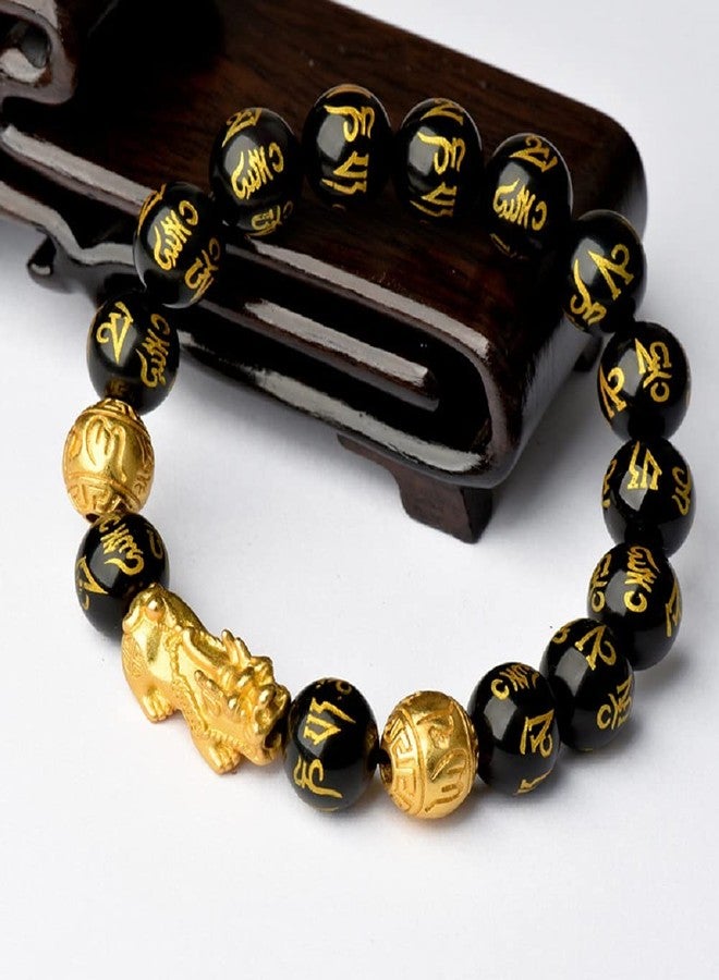 GEMTUB Feng Shui Black Obsidian Pixiu | Om Mani Bracelet with Gold Plated Pi Xiu/Pi Yao, 10mm Beads Size - Image 2