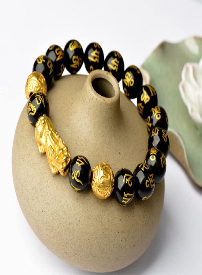 GEMTUB Feng Shui Black Obsidian Pixiu | Om Mani Bracelet with Gold Plated Pi Xiu/Pi Yao, 10mm Beads Size - Image 4