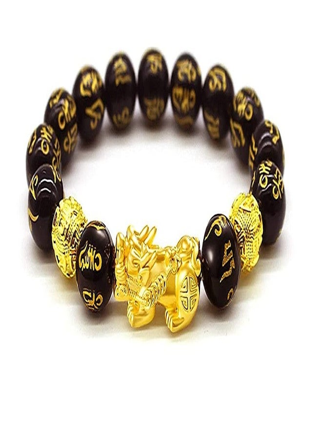 GEMTUB Feng Shui Black Obsidian Pixiu | Om Mani Bracelet with Gold Plated Pi Xiu/Pi Yao, 10mm Beads Size - Image 1