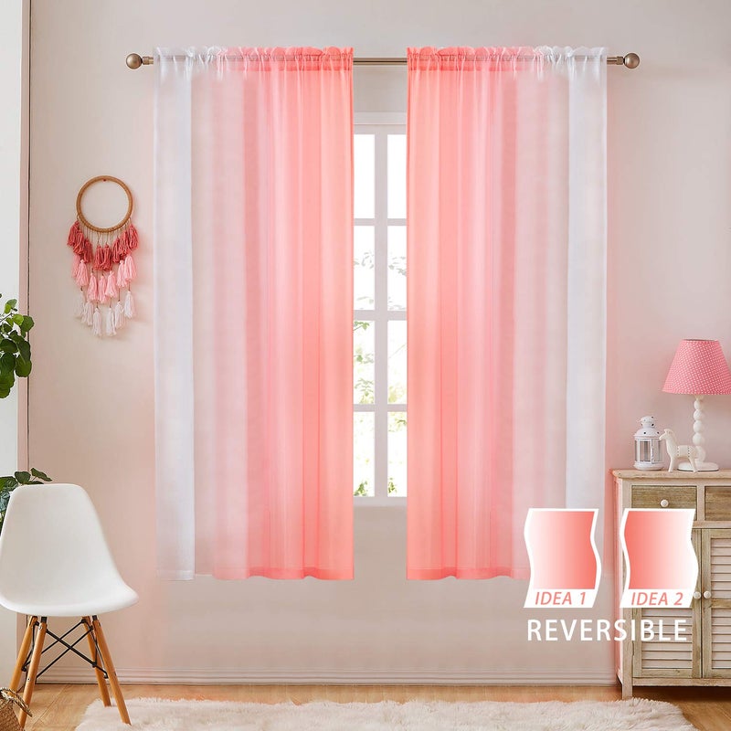 July Joy Ombre Faux Linen Stretains for Girls Bedroom Rod Pocket 2 Tone Tone Foile Semi Semi Stretains Privacy and Light Filtering مجموعة من 2 لوحات أحمر الخدود 54 × 63 بوصة الطول - Image 2