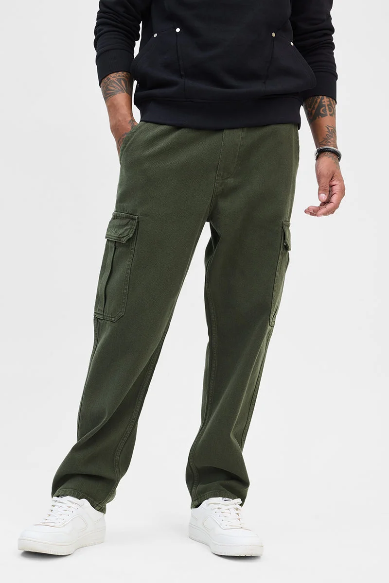 SNITCH Olive Solid Relaxed Streetwear Jeans