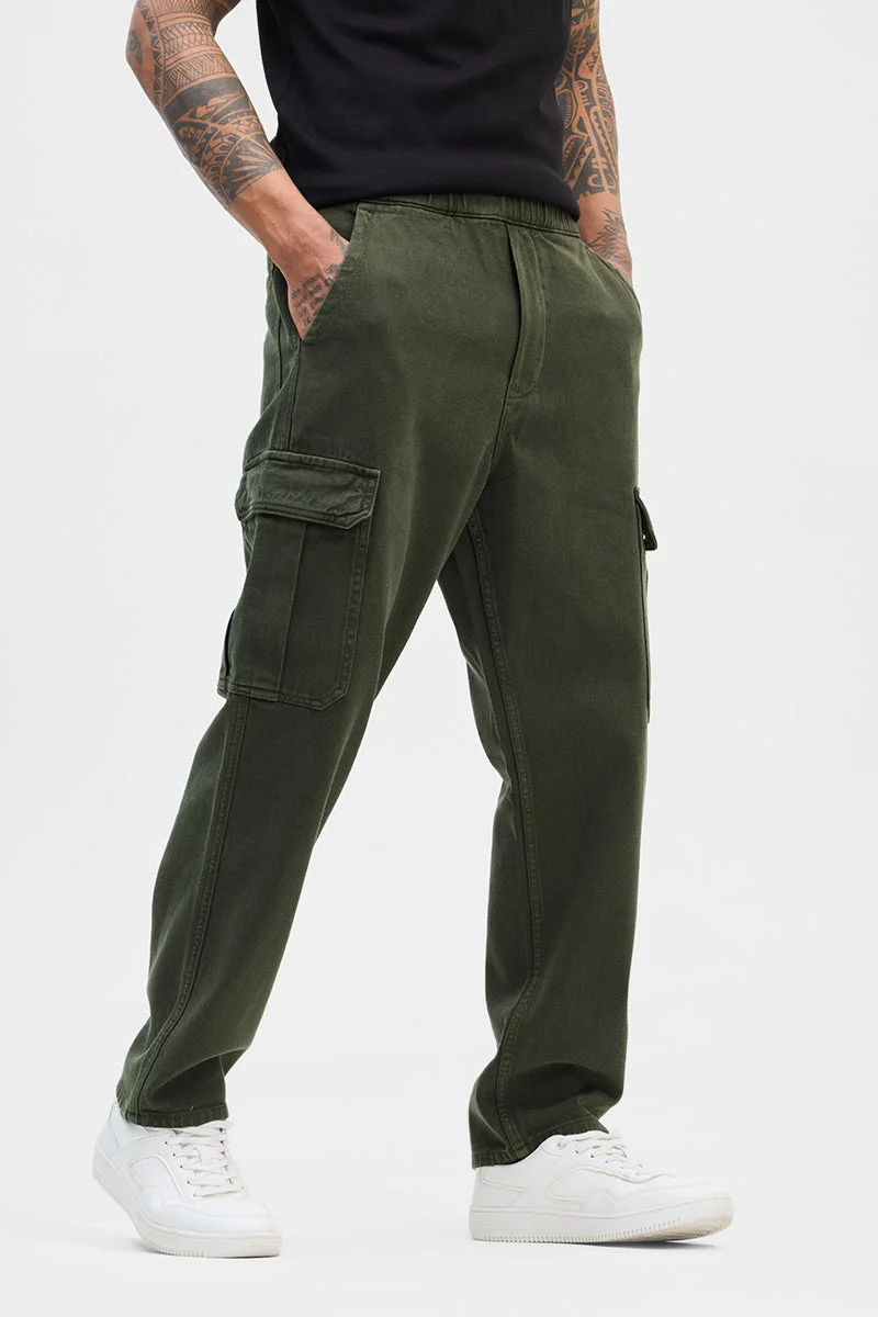 SNITCH Olive Solid Relaxed Streetwear Jeans