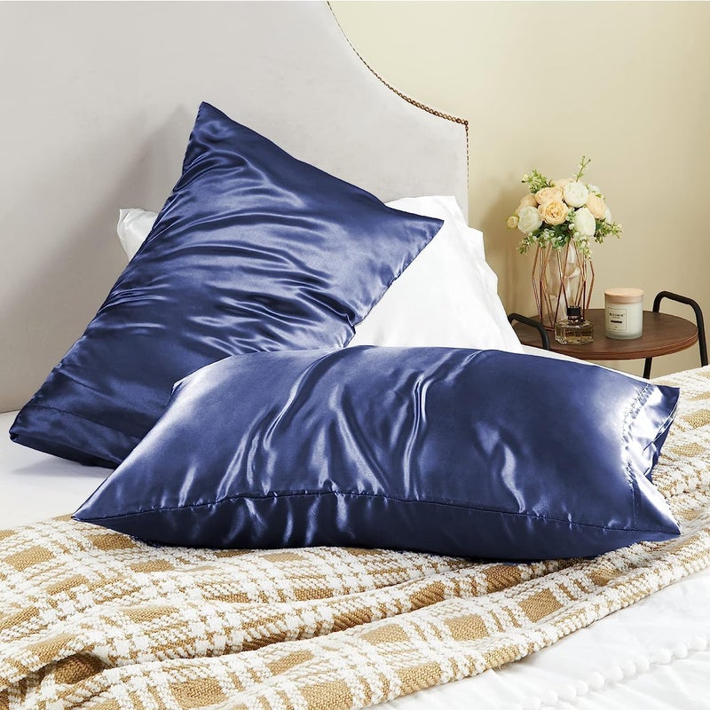 ماهمير وسادة ماهمير® من الساتان الحريري للشعر والبشرة مقاس كوين - وسادة حريرية زرق��ء، عبوة من قطعتين 75 × 50 سم (30 × 20 بوصة) - مجموعة وسائد ساتان من قطعتين مع إغلاق مغلف (قطعتان أزرق داكن) - Image 4