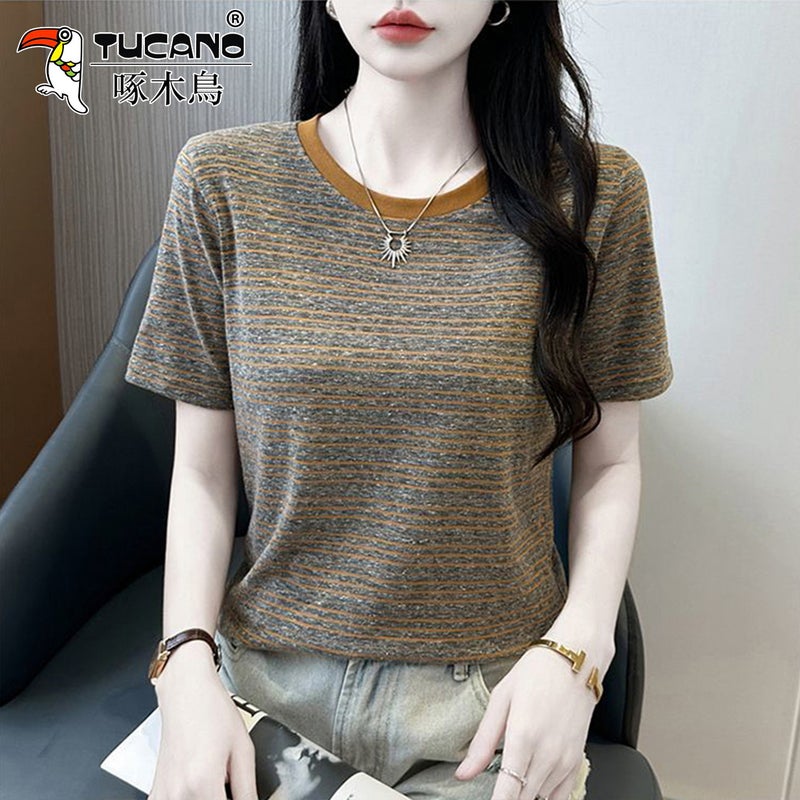 Woodpecker striped short-sleeved T-shirt for women 2025 new summer middle-aged mother loose fashion anti-aging round neck top - Image 3