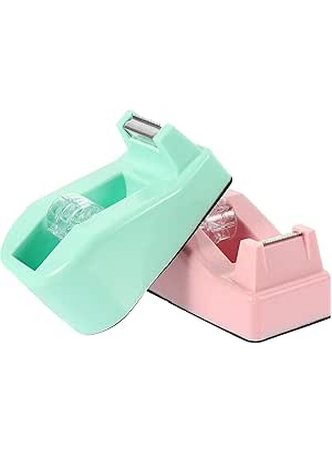 Small Macaron Tape Dispenser 2Pcs with Cutter Portable Office Home School Pink Green - Image 1