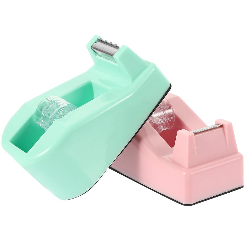 Small Macaron Tape Dispenser 2Pcs with Cutter Portable Office Home School Pink Green - Image 2