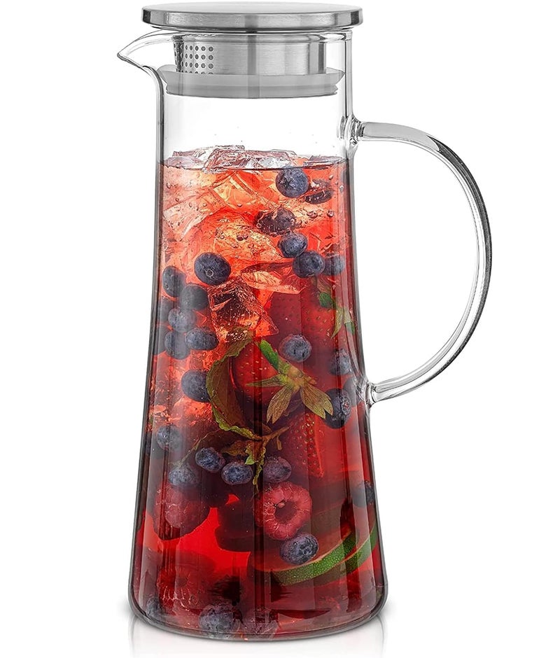 TIENER Borosilicate Glass 1.3 LTR Water Jug with Handle, Juice Beverage Carafe with Stainless Steel Lid, Big Glass Iced Tea Pitcher, 1 Pcs Set (Borosilicate 1.3 Liter Stright) - Image 1