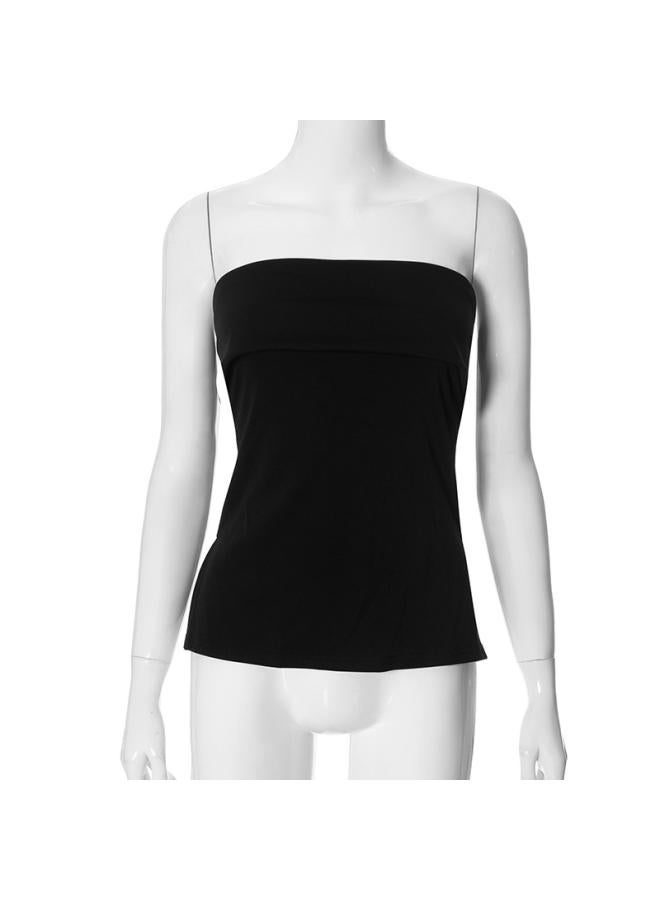 D24tp 62 European And American Women's Summer New Solid Color Casual Lapel Tube Top Backless Slim Split T-shirt Top 