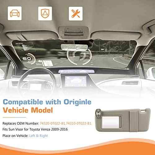 Hurotoms Left Driver & Right Passenger Side Sun Visor with Light and Sunroof, Beige Sunvisor for Toyota Venza 2009 2010 2011 2012 2013 2014 2015 2016, Replacement 74320-0T022-B1,74310-0T022-B1,1 Pair - Image 2