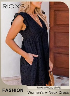 RIOXS Women Mini Dress, V-Neck Sleeveless Dress with Back Zipper, Lace Up Smocking Ruffle Short Slip Dress, Elegant Summer Dress, Suitable for Beach Vacation, Party, Swimpool and Daily Life  - Image 3