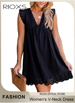 RIOXS Women Mini Dress, V-Neck Sleeveless Dress with Back Zipper, Lace Up Smocking Ruffle Short Slip Dress, Elegant Summer Dress, Suitable for Beach Vacation, Party, Swimpool and Daily Life  - Image 2