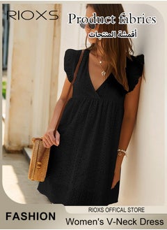RIOXS Women Mini Dress, V-Neck Sleeveless Dress with Back Zipper, Lace Up Smocking Ruffle Short Slip Dress, Elegant Summer Dress, Suitable for Beach Vacation, Party, Swimpool and Daily Life  - Image 5