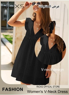 RIOXS Women Mini Dress, V-Neck Sleeveless Dress with Back Zipper, Lace Up Smocking Ruffle Short Slip Dress, Elegant Summer Dress, Suitable for Beach Vacation, Party, Swimpool and Daily Life  - Image 4