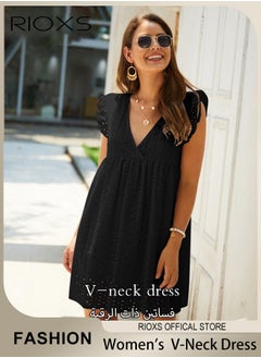 RIOXS Women Mini Dress, V-Neck Sleeveless Dress with Back Zipper, Lace Up Smocking Ruffle Short Slip Dress, Elegant Summer Dress, Suitable for Beach Vacation, Party, Swimpool and Daily Life  - Image 1