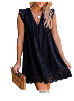 RIOXS Women Mini Dress, V-Neck Sleeveless Dress with Back Zipper, Lace Up Smocking Ruffle Short Slip Dress, Elegant Summer Dress, Suitable for Beach Vacation, Party, Swimpool and Daily Life  - Image 1