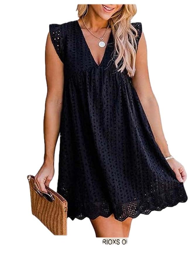 RIOXS Women Mini Dress, V-Neck Sleeveless Dress with Back Zipper, Lace Up Smocking Ruffle Short Slip Dress, Elegant Summer Dress, Suitable for Beach Vacation, Party, Swimpool and Daily Life  - Image 1
