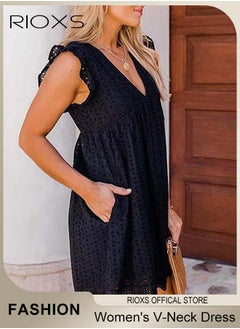 RIOXS Women Mini Dress, V-Neck Sleeveless Dress with Back Zipper, Lace Up Smocking Ruffle Short Slip Dress, Elegant Summer Dress, Suitable for Beach Vacation, Party, Swimpool and Daily Life  - Image 3