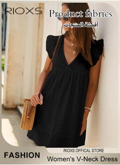 RIOXS Women Mini Dress, V-Neck Sleeveless Dress with Back Zipper, Lace Up Smocking Ruffle Short Slip Dress, Elegant Summer Dress, Suitable for Beach Vacation, Party, Swimpool and Daily Life  - Image 5