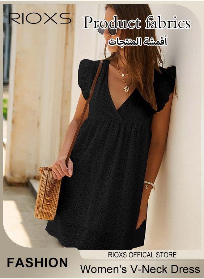 RIOXS Women Mini Dress, V-Neck Sleeveless Dress with Back Zipper, Lace Up Smocking Ruffle Short Slip Dress, Elegant Summer Dress, Suitable for Beach Vacation, Party, Swimpool and Daily Life  - Image 5