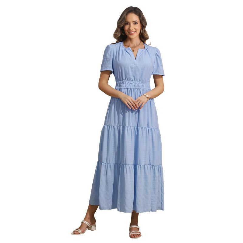Rainday Womens Casual Maxi Dresses Fashion Holiday Short Sleeved Elastic Waist Beach Boho Dress with Pockets(Z3918BU,M) - Image 2