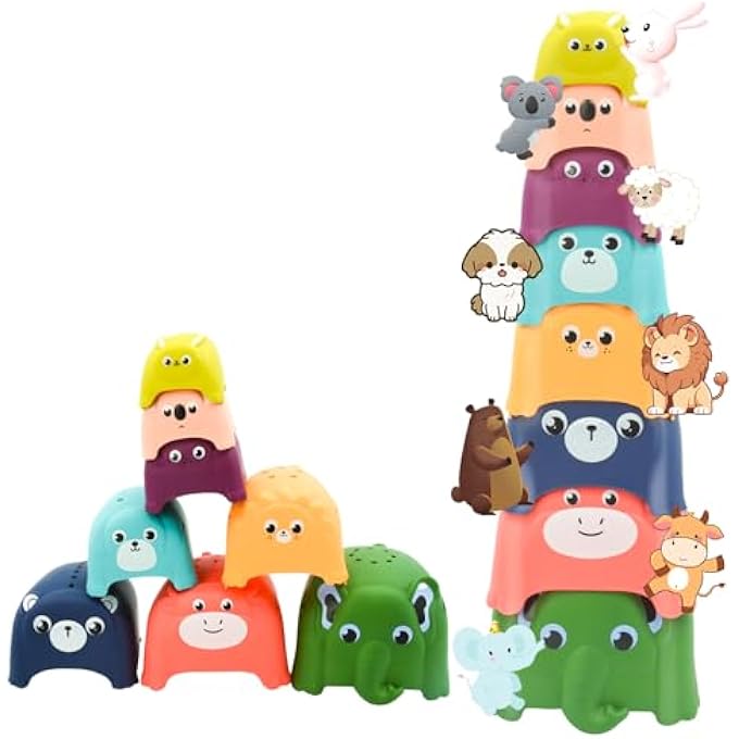PACK OF 8 MULTICOLOURED STACKING TOYS WITH VARIOUS ANIMAL PATTERNS AND DIFFERENT SIZES, CHILD-FRIENDLY, ANIMAL PICTURE, COLOURFUL ANIMAL PARTY, FOR BOYS AND GIRLS, CAN BE INDOOR AND OUTDOOR - Image 1