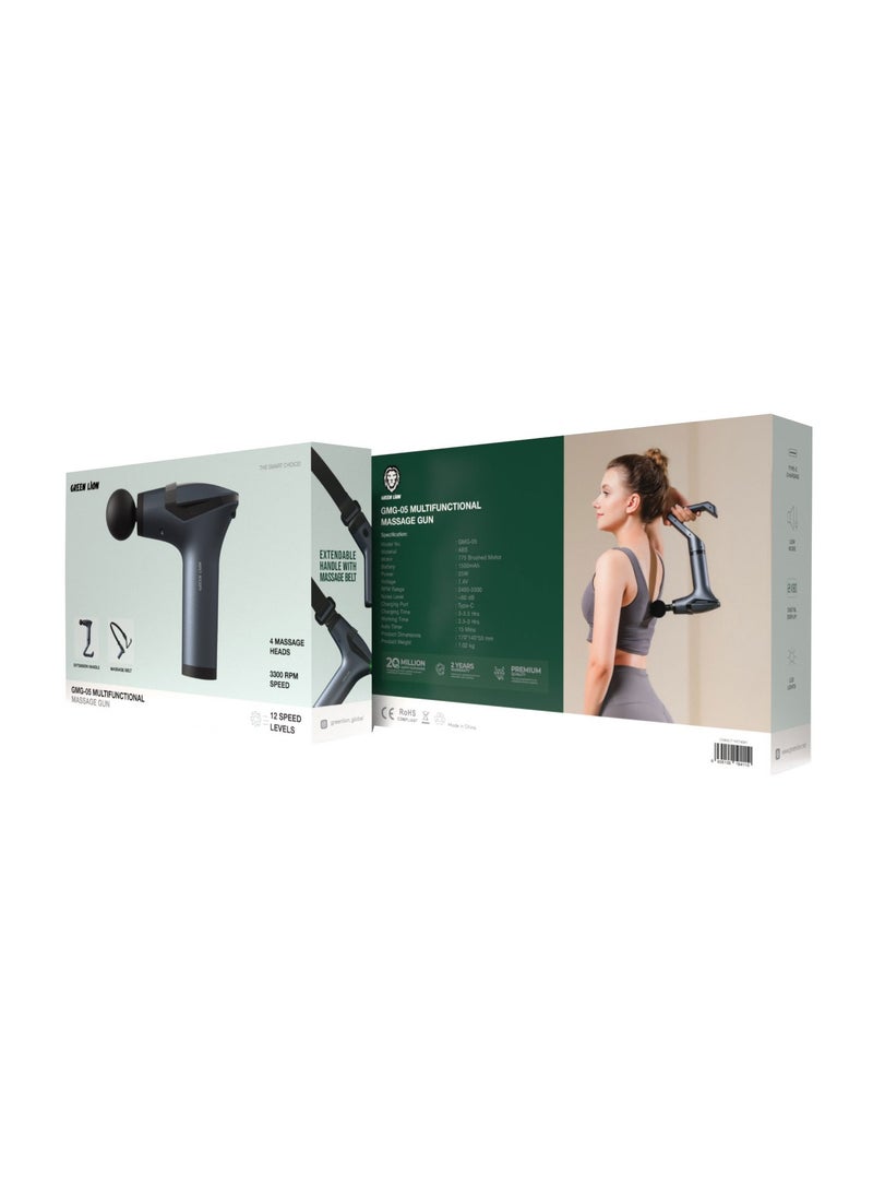 GREEN LION - Multifunctional Massage Handle GMG-05 / Up to 3 Hour working time / 4 Massage Head / Extension Handle / 12 Speed Levels / Digital Display / Massage Belt / LED Lights - Black - Image 1