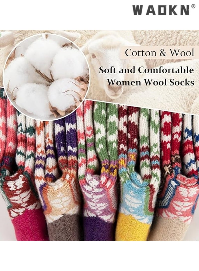 WAOKN Wear Womens Wool Socks, 5 Pairs Vintage Thick Knit Winter Warm Socks for Women Men Gifts, E-multicolor Rhombus Wave Pattern  - Image 2