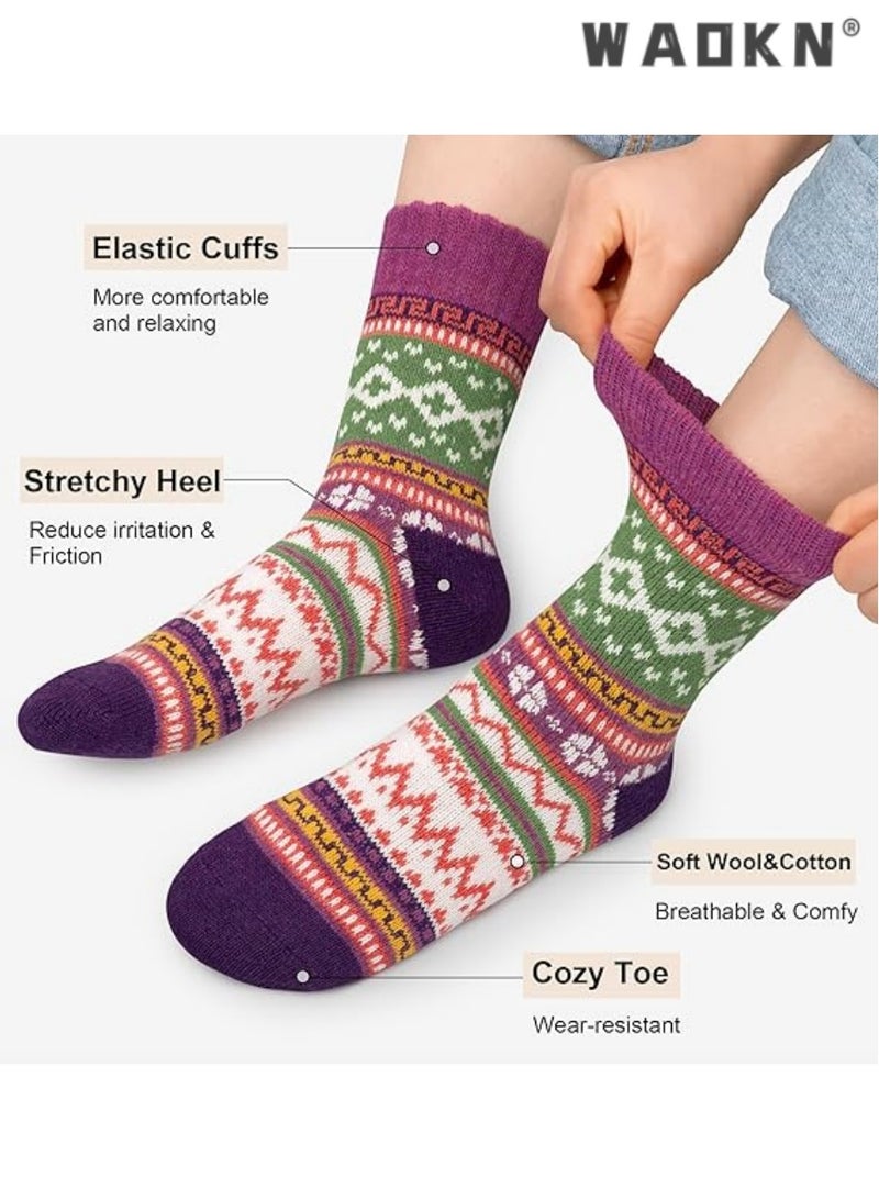 WAOKN Wear Womens Wool Socks, 5 Pairs Vintage Thick Knit Winter Warm Socks for Women Men Gifts, E-multicolor Rhombus Wave Pattern  - Image 3