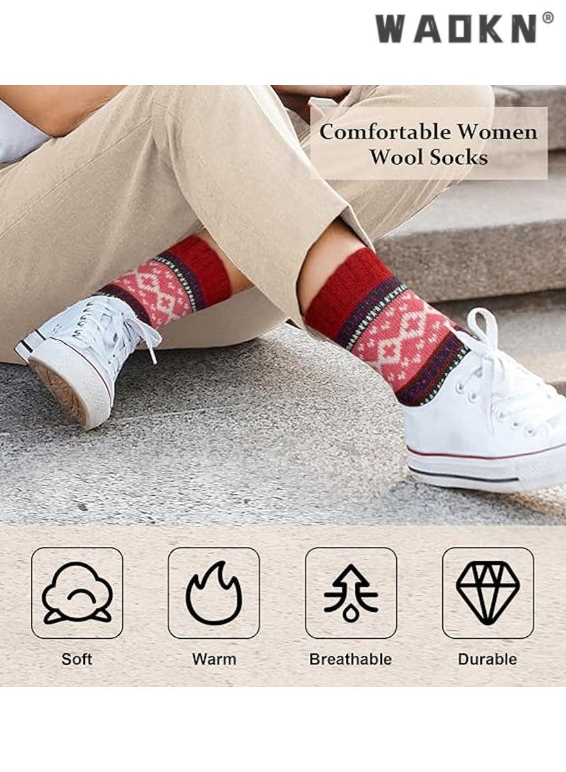WAOKN Wear Womens Wool Socks, 5 Pairs Vintage Thick Knit Winter Warm Socks for Women Men Gifts, E-multicolor Rhombus Wave Pattern  - Image 4