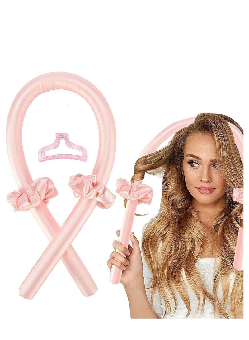 Generic No Heat Silk Curling Ribbon Hair Curler Headband with Claw Clip Pink  - Image 1