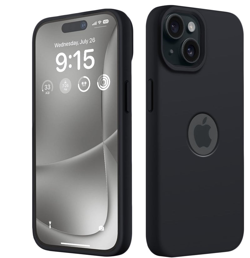 Elzzi Microfiber Logo Cut Cover Compatible for iPhone 15 Case Liquid Silicone Cases Non-Slip Full Body 4 Layer Protective Covers Shockproof Back Cover with High Raised Camera Lips (6.1 inch, Black) - Image 1