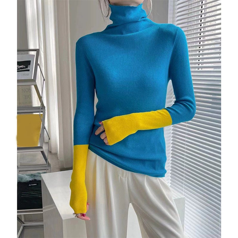 European womens clothing Station 23 new European fashionable contrast color wool candy color turtleneck knitted top sweater bottoming shirt for women Purple K589