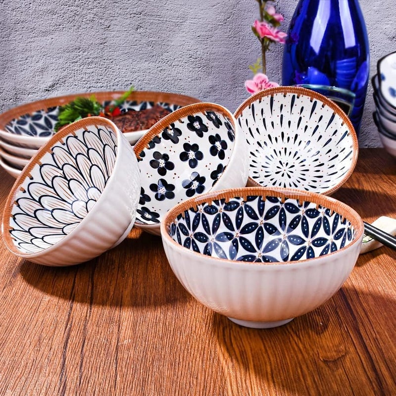 Eletree Beautiful Gift Box Packed Ceramic Floral Dinner Set Japanese Style,Apply to Soup,Dessert,Pasta,Salad Set Ramen Dinnerware Set,Quality Porcelain Plates with Chopstick (Bowl f 6) - Image 4