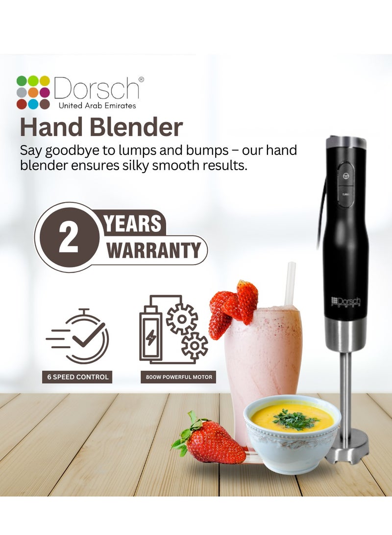 Dorsch Danish Design Hand Blender HB600 | 800W Powerful Motor, Turbo Function, 6 Speed Control | Multi-Function Set with Masher, Egg Whisk, Chopper, Beaker | Stainless Steel Blades, BPA-Free, Ergonomic Design | Compact, Easy to Clean (Full Set) - Image 2