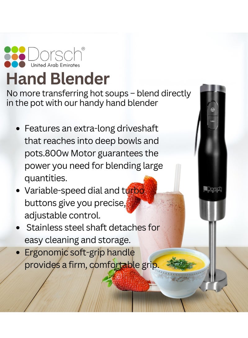 Dorsch Danish Design Hand Blender HB600 | 800W Powerful Motor, Turbo Function, 6 Speed Control | Multi-Function Set with Masher, Egg Whisk, Chopper, Beaker | Stainless Steel Blades, BPA-Free, Ergonomic Design | Compact, Easy to Clean (Full Set) - Image 4