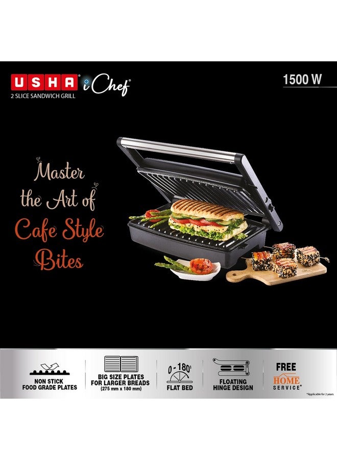 Usha iChef Sandwich Grill | 1500 Watt| Large 2 Slice Flat Bread Griller | 0-180° Flat Bed | Floating Hinge Design | 2 stage Thermal Safety| 2 Years Warranty (Stainless steel) - Image 2