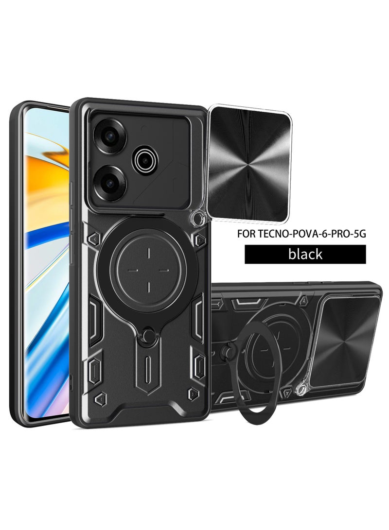Tecno Pova 6 برو 5G الهاتف المحمول القضية ، انزلاق الكاميرا عدسة الغطاء ، 360 درجة قوس الدورية خاتم ، صدمة برهان الهاتف المحمول القضية ، متوافق مع سيارة محمولة على الهاتف المحمول المغناطيسي القضية ، تنطبق على Tecno Pova6 برو 5G الأسود - Image 1