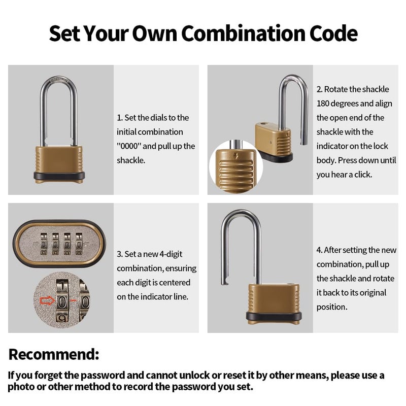 CINCINNO Heavy Duty Combination Lock, 4-Digit Combo Lock with Long Shackle,Weatherproof Combination Padlock for Outdoor Use,4 Pack - Image 5