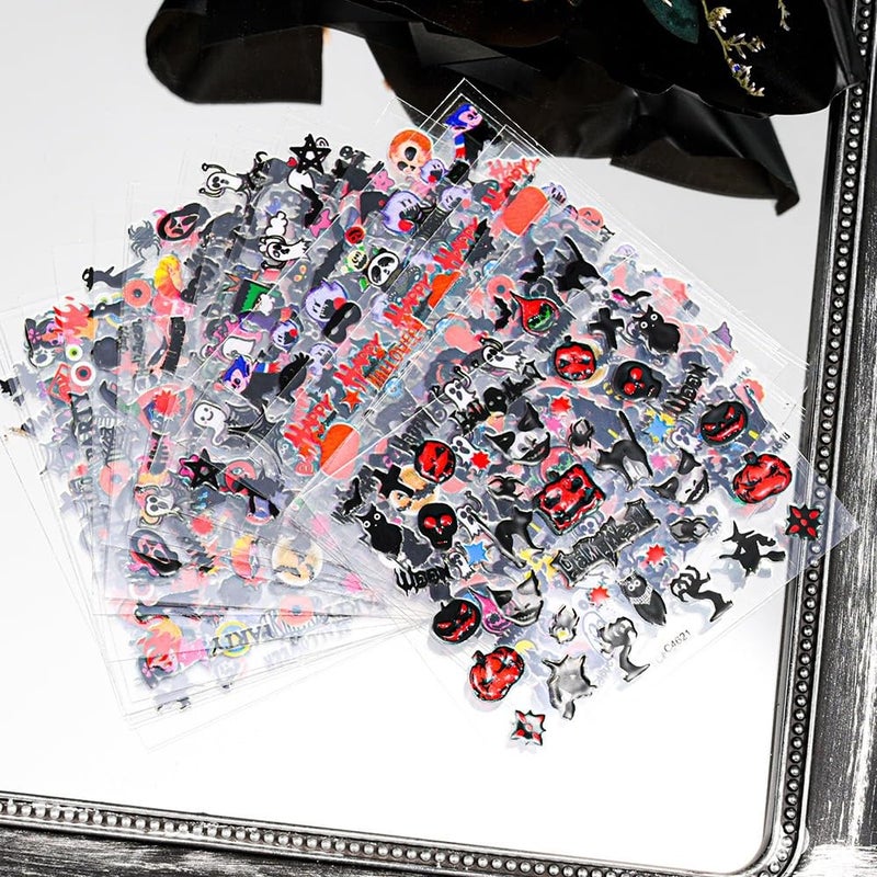 SPLOCUDU 24 Sheets Halloween Nail Stickers Pumpkin Ghost Face Nail Decals 3D Self-Adhesive Nail Supplies Spider Web Cat Bat Nail Art Stickers for Acrylic Nails for Women Kids DIY Manicure Decorations - Image 5
