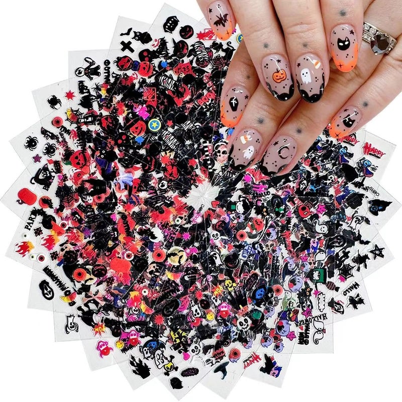 SPLOCUDU 24 Sheets Halloween Nail Stickers Pumpkin Ghost Face Nail Decals 3D Self-Adhesive Nail Supplies Spider Web Cat Bat Nail Art Stickers for Acrylic Nails for Women Kids DIY Manicure Decorations - Image 1