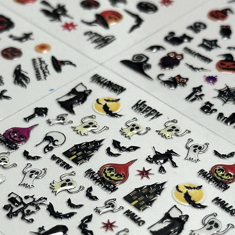 SPLOCUDU 24 Sheets Halloween Nail Stickers Pumpkin Ghost Face Nail Decals 3D Self-Adhesive Nail Supplies Spider Web Cat Bat Nail Art Stickers for Acrylic Nails for Women Kids DIY Manicure Decorations - Image 3