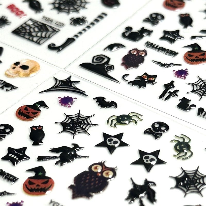 SPLOCUDU 24 Sheets Halloween Nail Stickers Pumpkin Ghost Face Nail Decals 3D Self-Adhesive Nail Supplies Spider Web Cat Bat Nail Art Stickers for Acrylic Nails for Women Kids DIY Manicure Decorations - Image 2