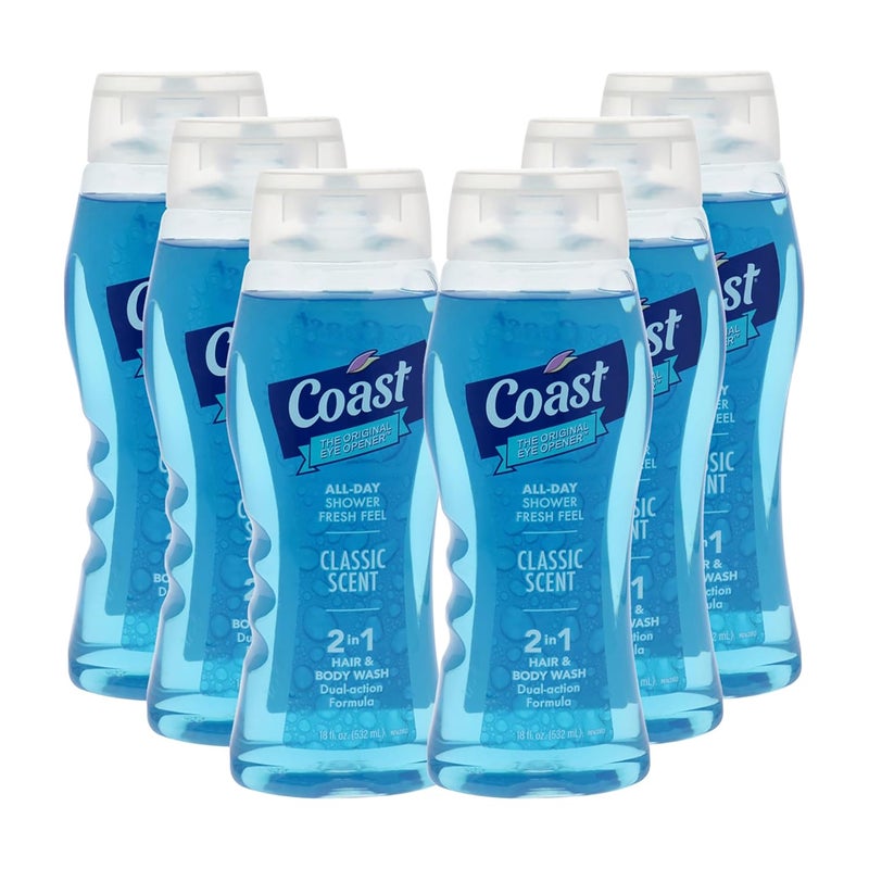 Coast 2in1 Hair and Body Wash Rich Foamy Lather Clean Rinsing Formula without Drying Out Skin Dual Action No Parabens or Phthalates 6 pc